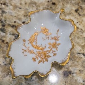 Limoges Gold and White Leaf Dish